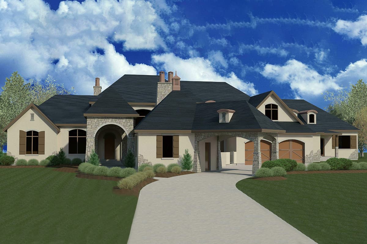 House plan exterior with arched entry, gables, and porte-cochere. Features include stone accents, multiple dormers, and a dark roof.