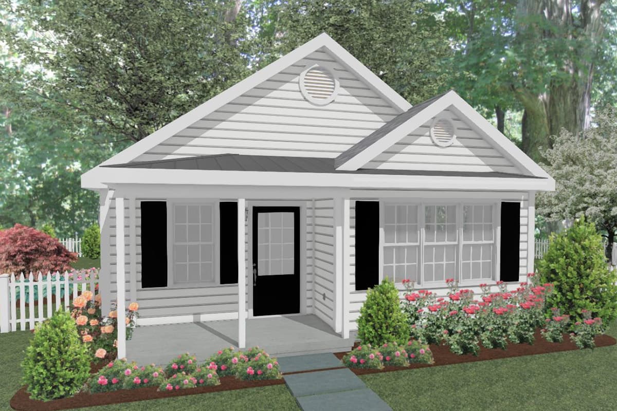 House plan exterior. One-story Cottage style with front porch, gables, and decorative round vents. Features clapboard siding and a black front door.