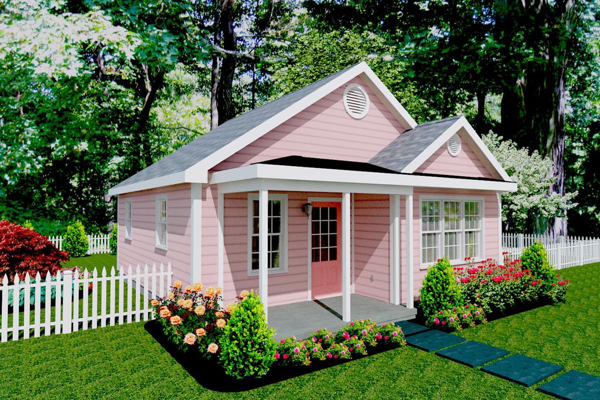 House plan exterior: One-story cottage with a front porch, gabled roofline, and decorative gable vent.