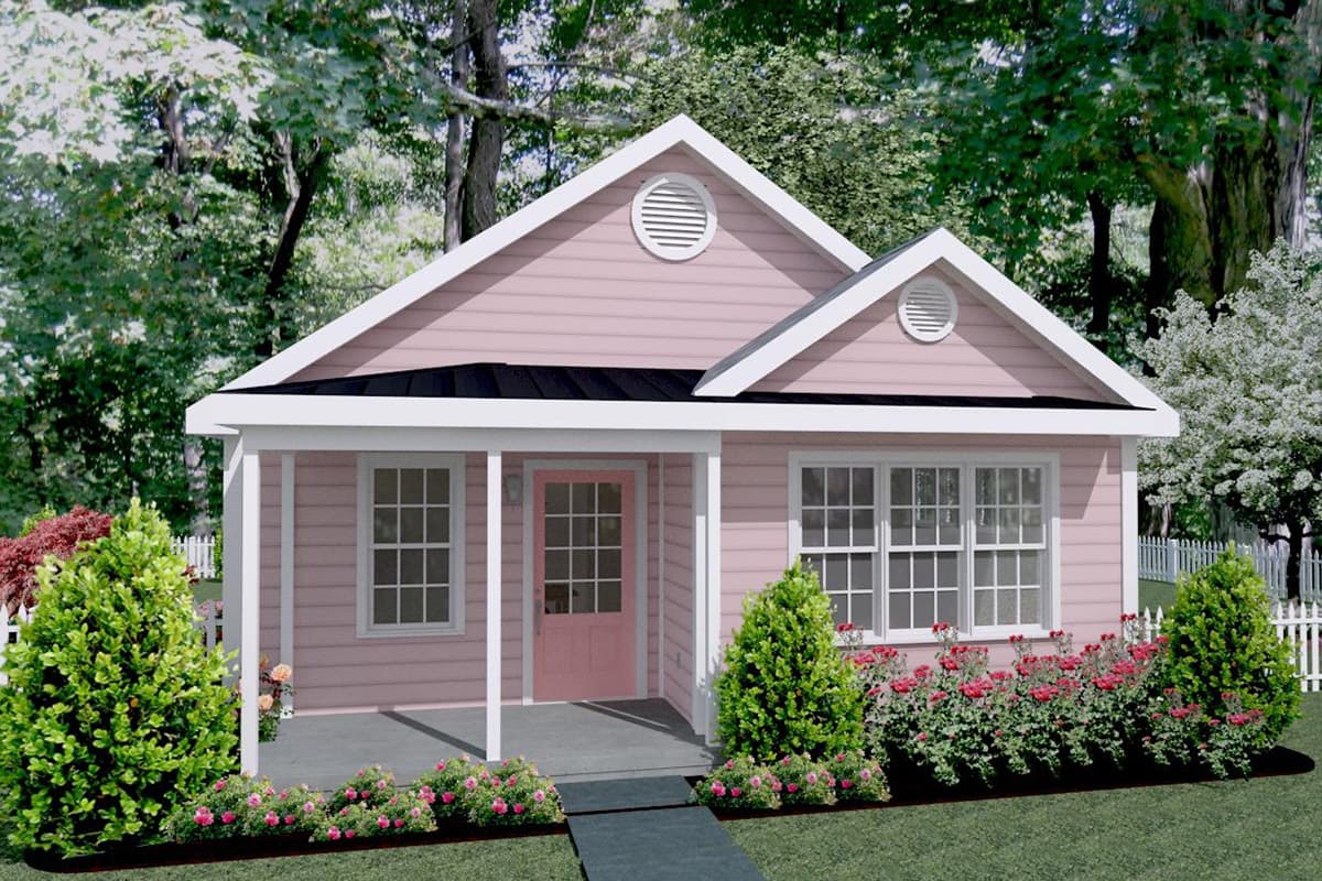 House plan exterior: One-story cottage with front porch, gable dormers, and double-hung windows.
