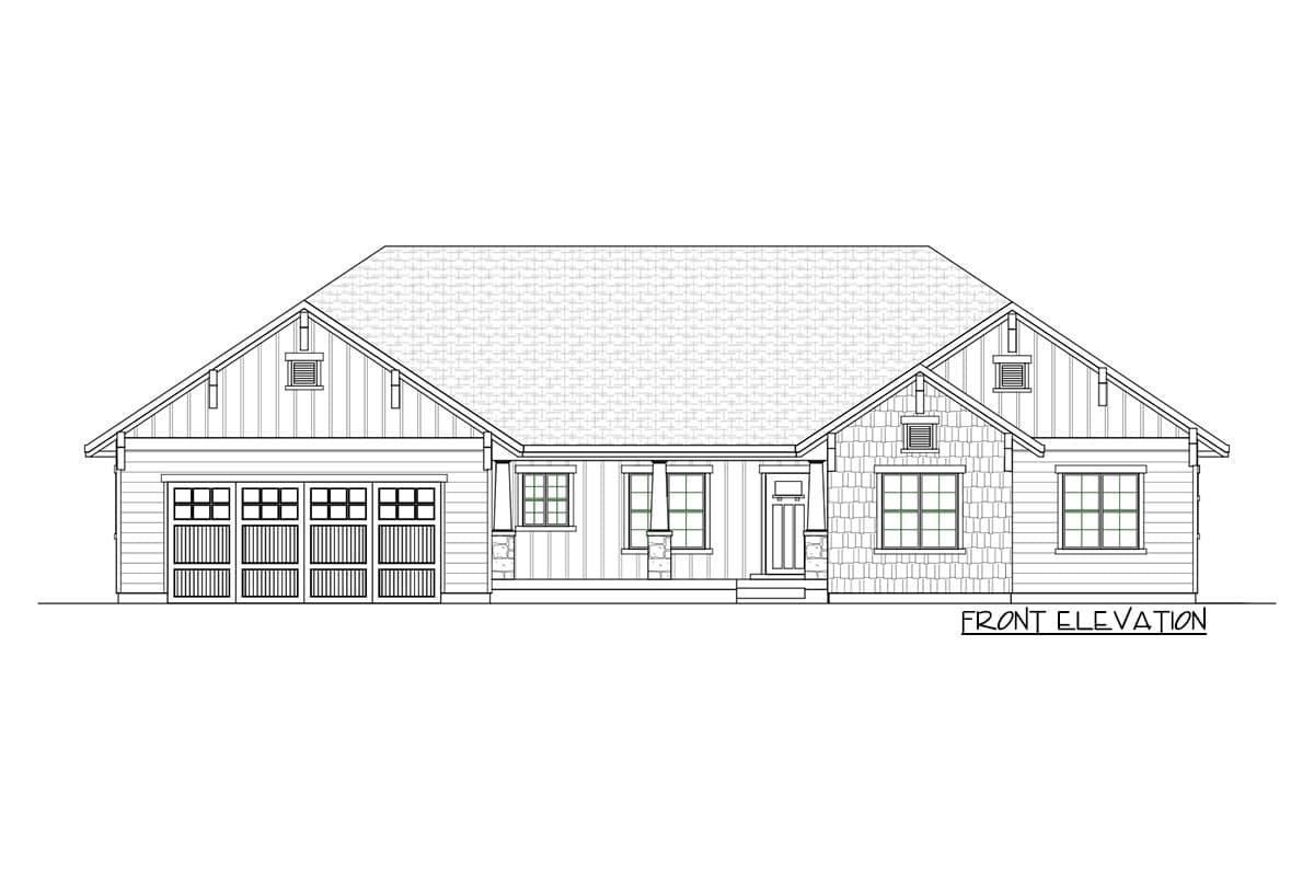 Front elevation drawing of a one-story house plan with a gabled roof, side-entry garage, and covered front porch.