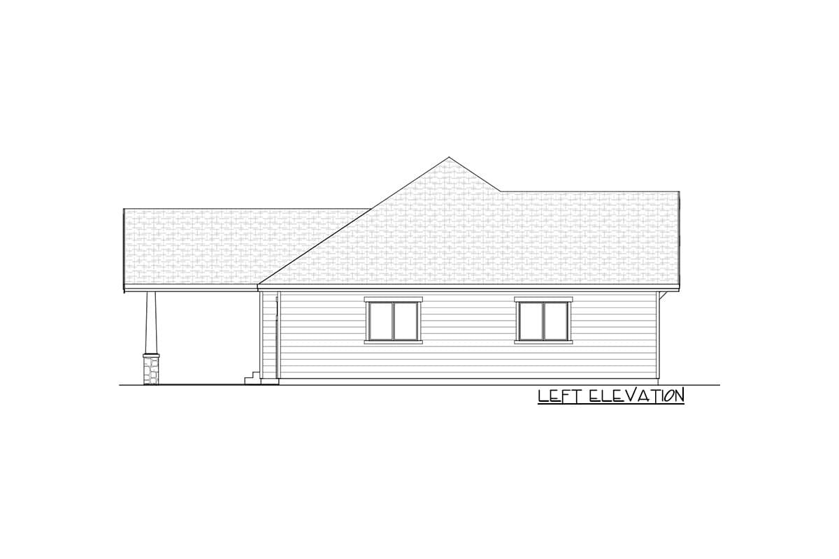 House plan left elevation showing a single-story structure with a covered porch supported by stone pillars and horizontal siding.