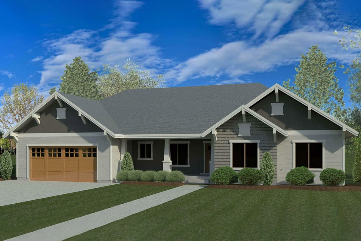House plan exterior. Craftsman style, one story home with gables, a covered porch, and a side-entry garage.