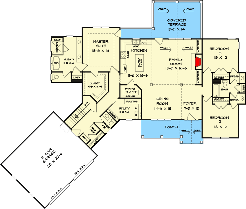 Plan 360077DK: Craftsman House Plan with Angled Garage Under 2,200 Square Feet - Floor Plan - Main Level - Country, Craftsman, Northwest, Ranch, Traditional