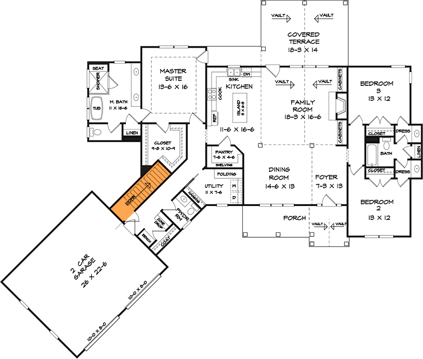 Plan 360077DK: Craftsman House Plan with Angled Garage Under 2,200 Square Feet - Floor Plan - Main Floor - Basement Stairs Location - Country, Craftsman, Northwest, Ranch, Traditional