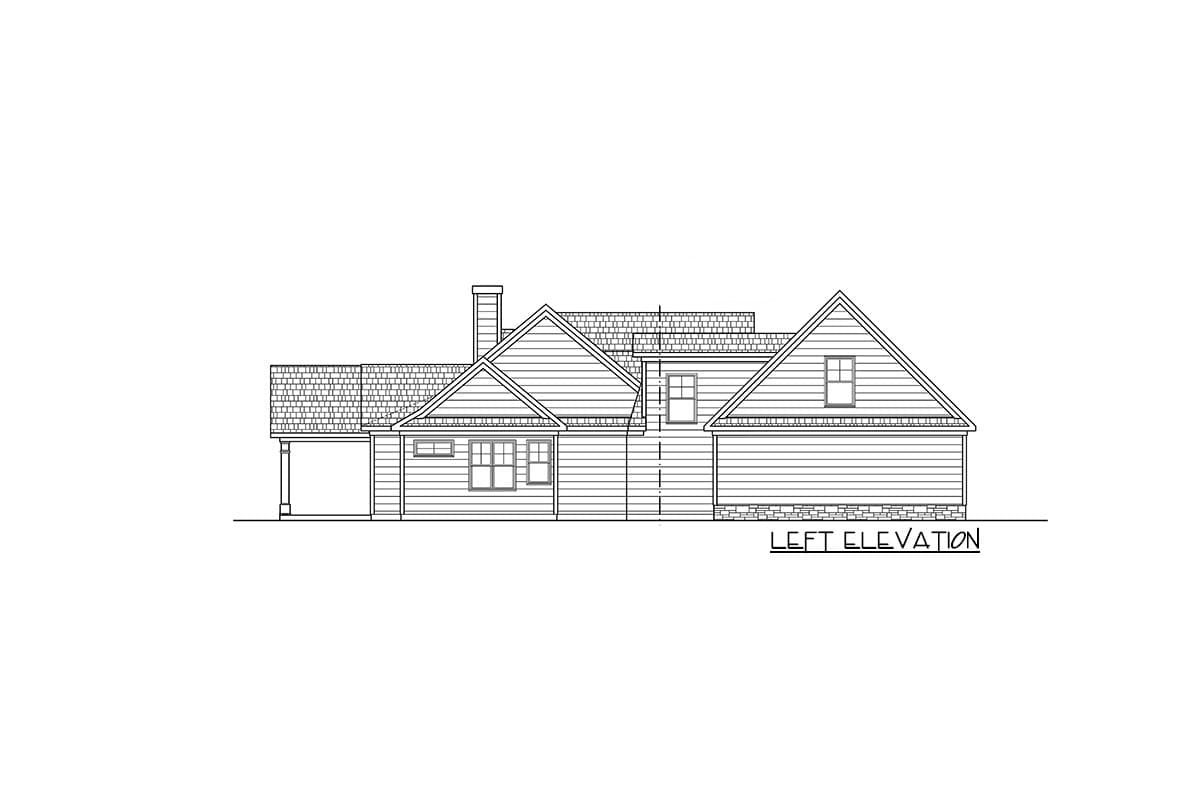 Left elevation of a single-story house plan featuring lap siding, gables, dormers, and an attached garage.