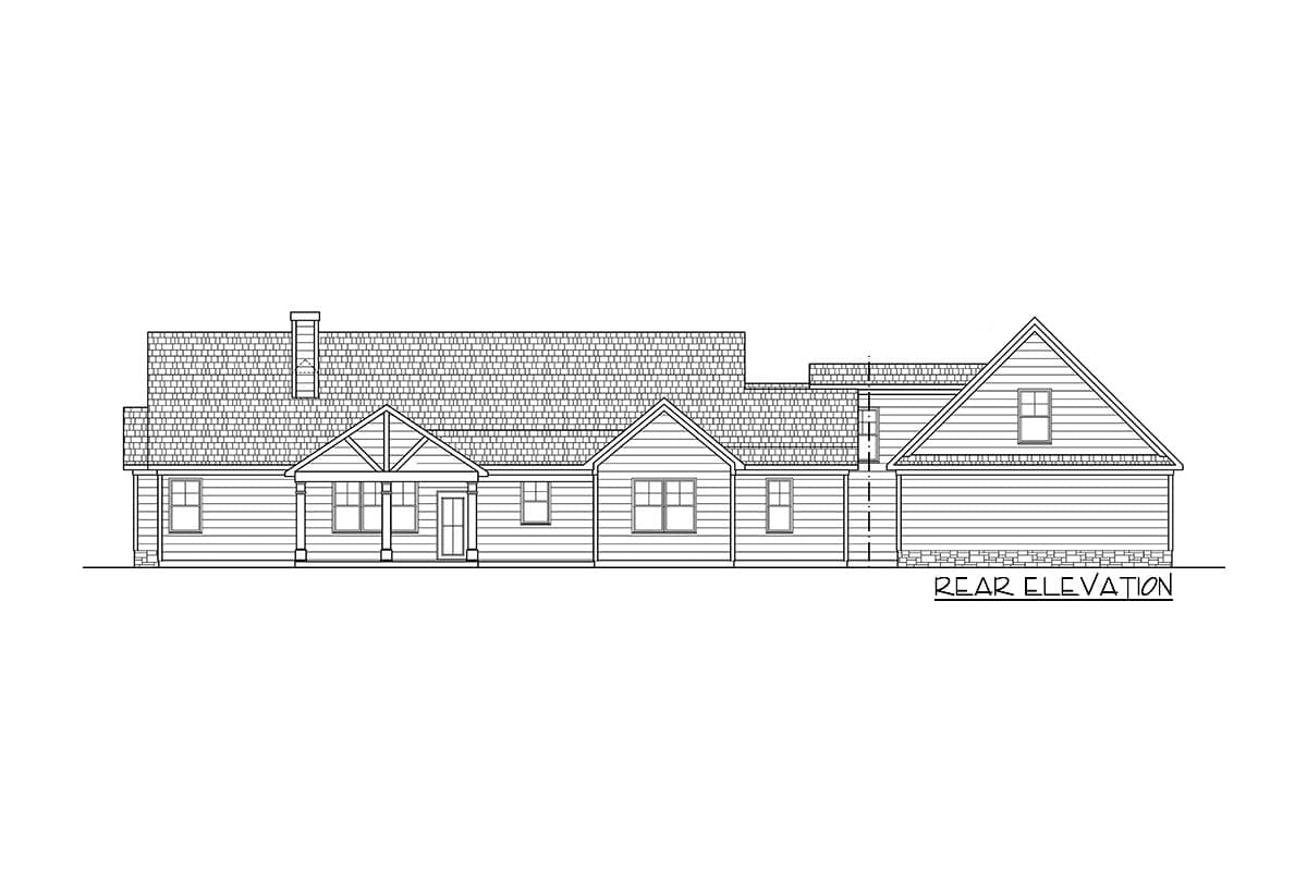 Rear elevation house plan drawing with a covered entryway, gables, and a garage.