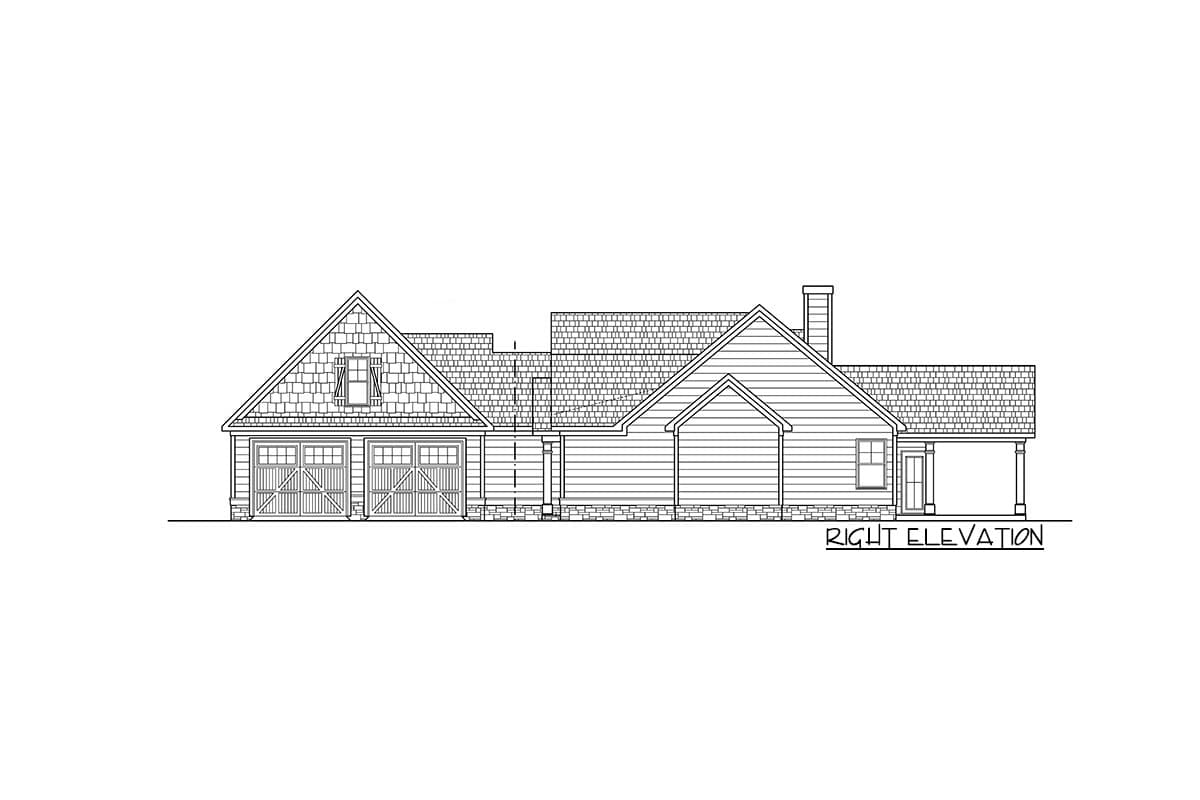 House plan right elevation showing a side-gabled roof, a dormer, two garage doors, and a covered porch.