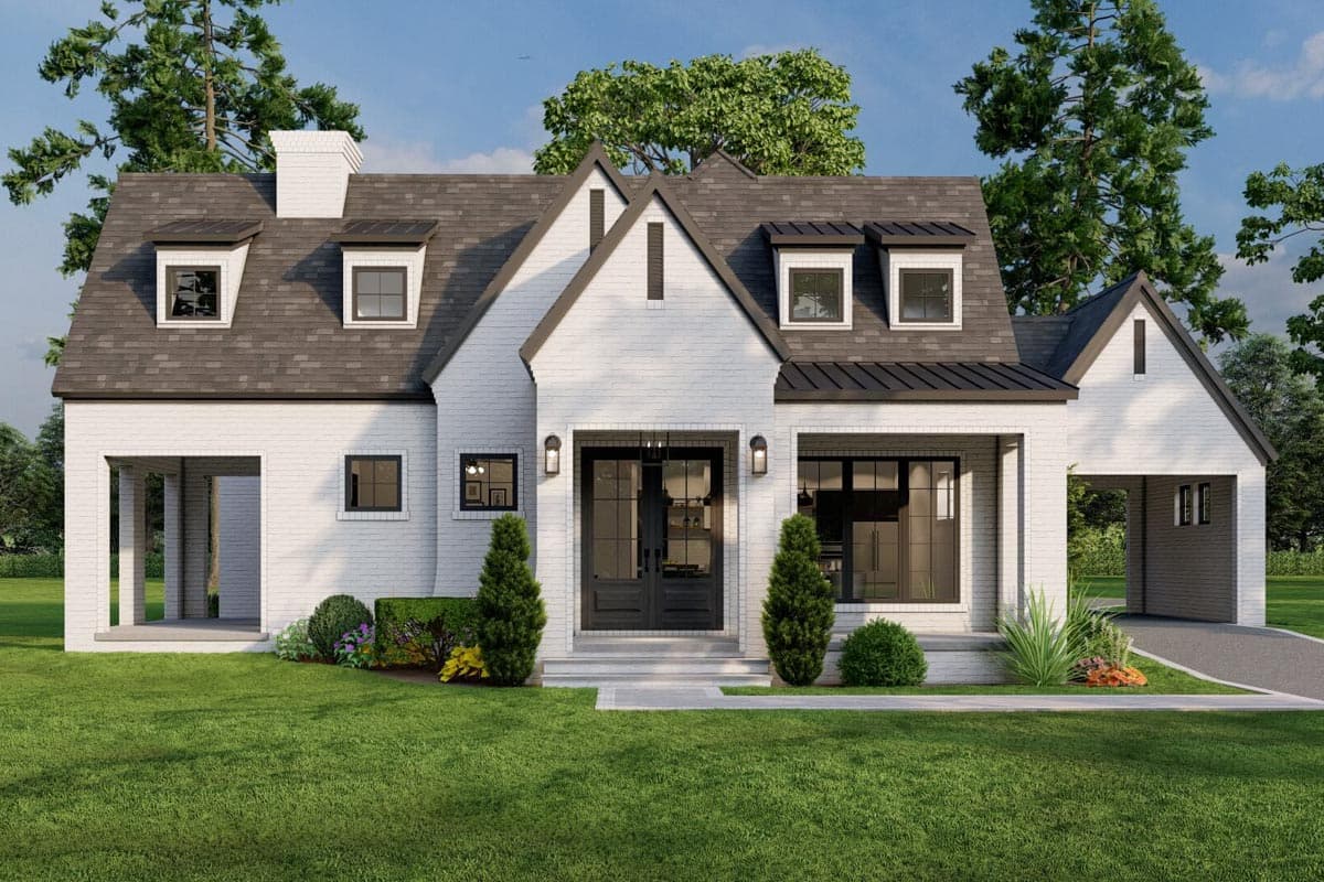 House plan exterior featuring two-story design with gabled roof, dormers, covered porch, and attached garage. Brick facade with dark trim.