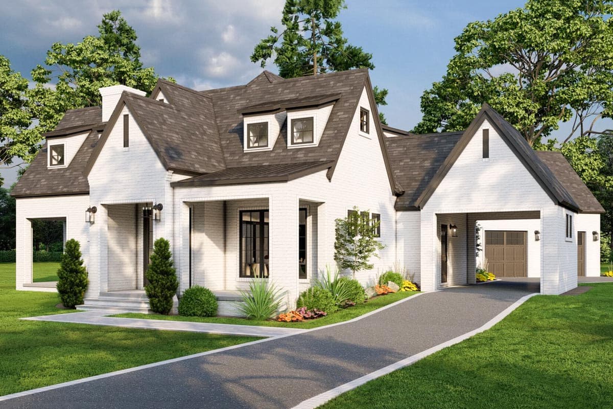 House plan exterior: Modern Farmhouse style, white brick, gabled dormers, covered porch, and attached carport with garage.