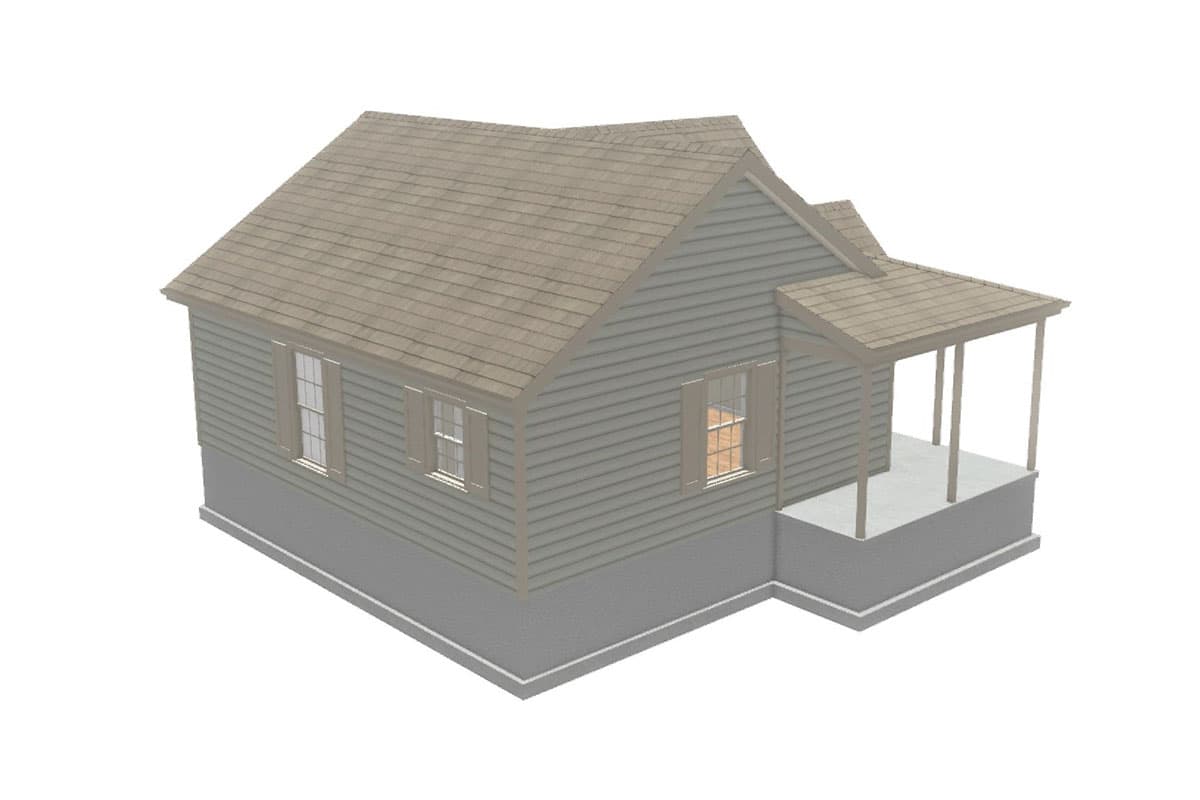 House plan exterior with vinyl siding, gable roof, and covered front porch supported by two columns.