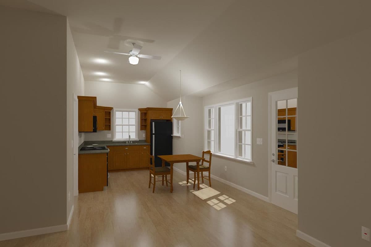 House plan rendering of a kitchen and dining area with vaulted ceilings, wood cabinets, and large windows.