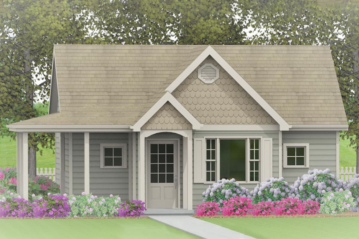 House plan exterior. Craftsman style, single story home with a front porch, gables, and shake siding on the front of the home.