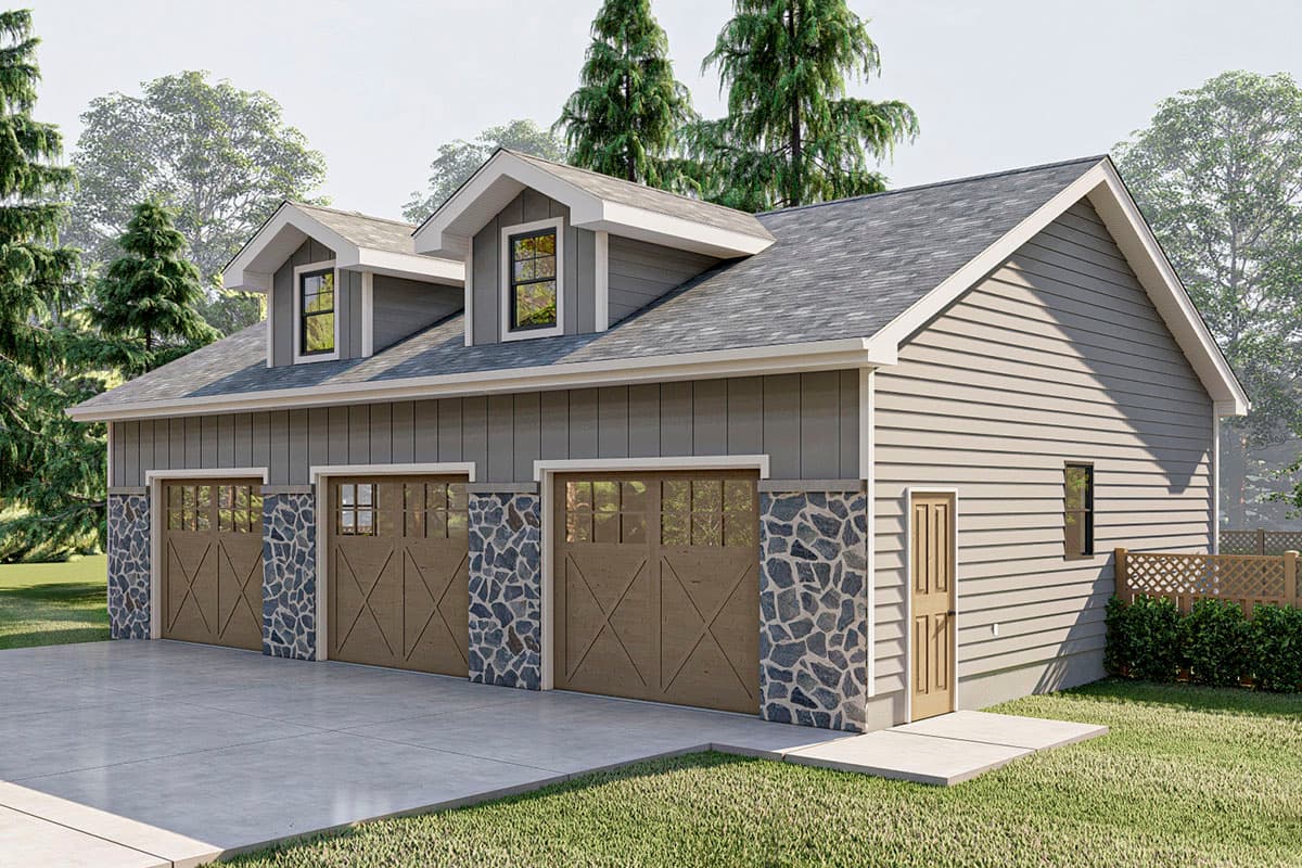 House plan exterior. Two-story garage with three bays, stone accents, and two dormers. Features include gabled roof and carriage-style doors.