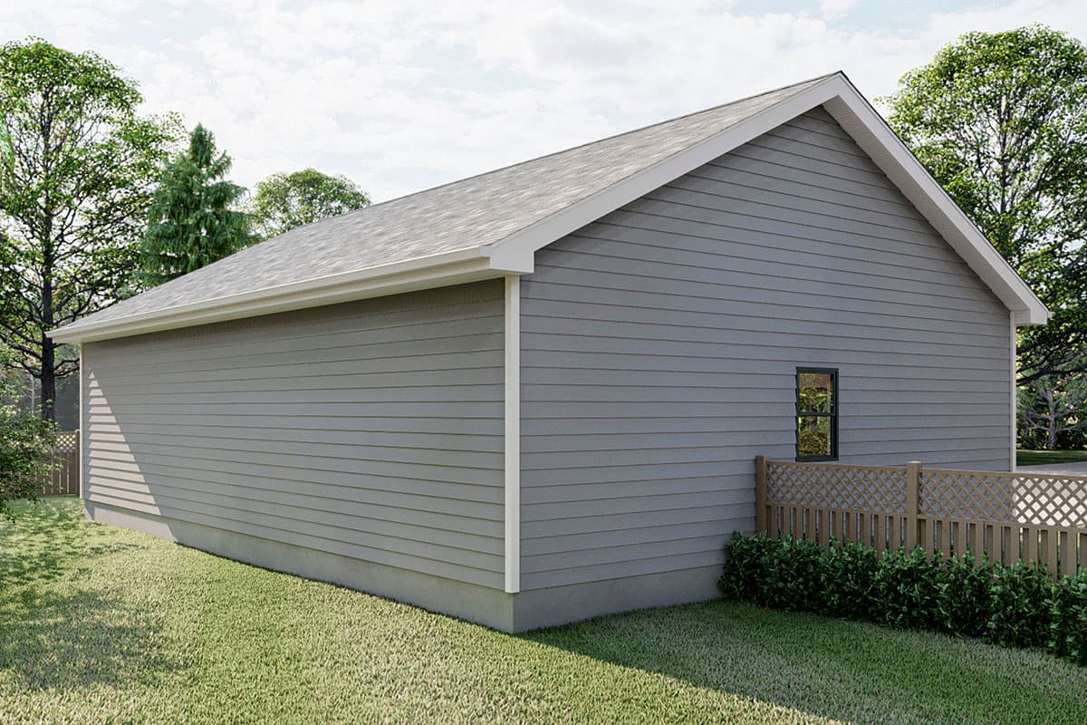 House plan exterior: One-story structure with gray horizontal siding, gable roof, and a single window.