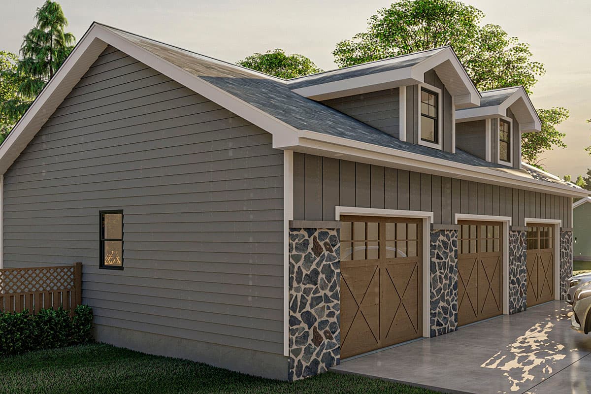 Exterior house plan with three garage bays, stone accents, horizontal siding, and dormers.