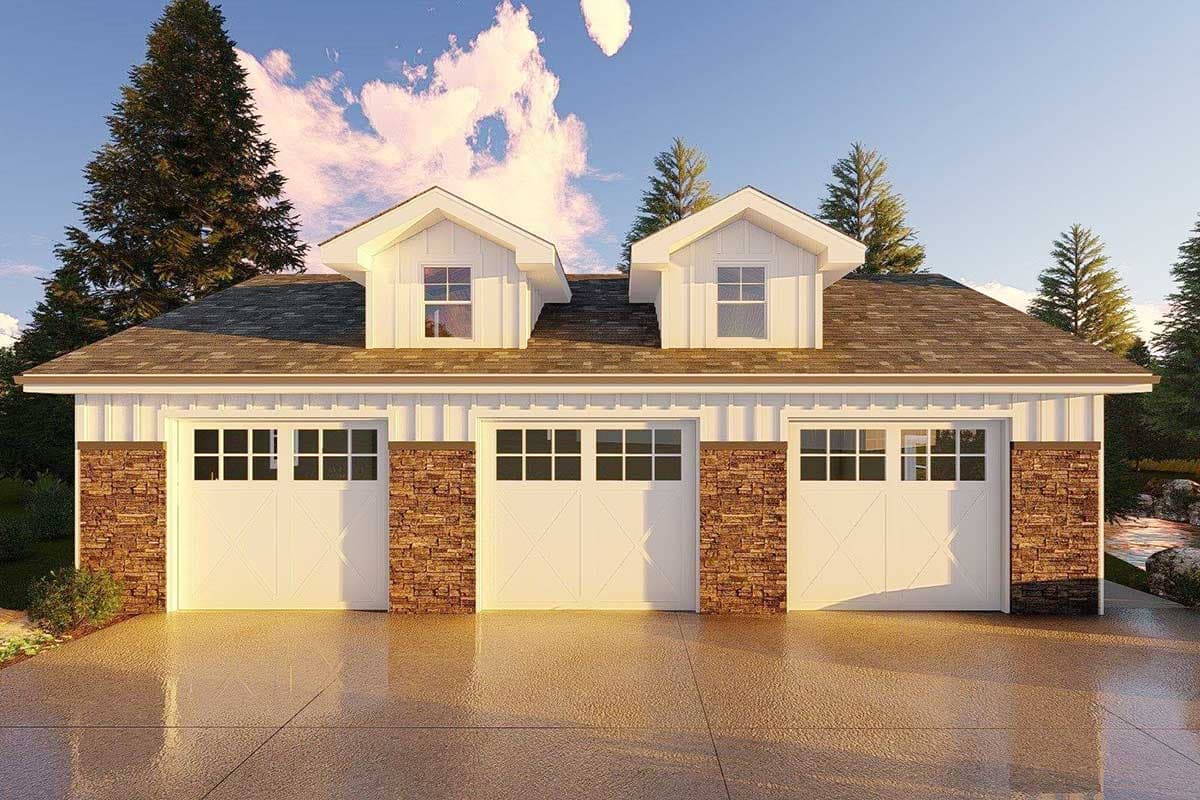 House plan exterior: Three-bay garage with stone accents and gabled dormers.