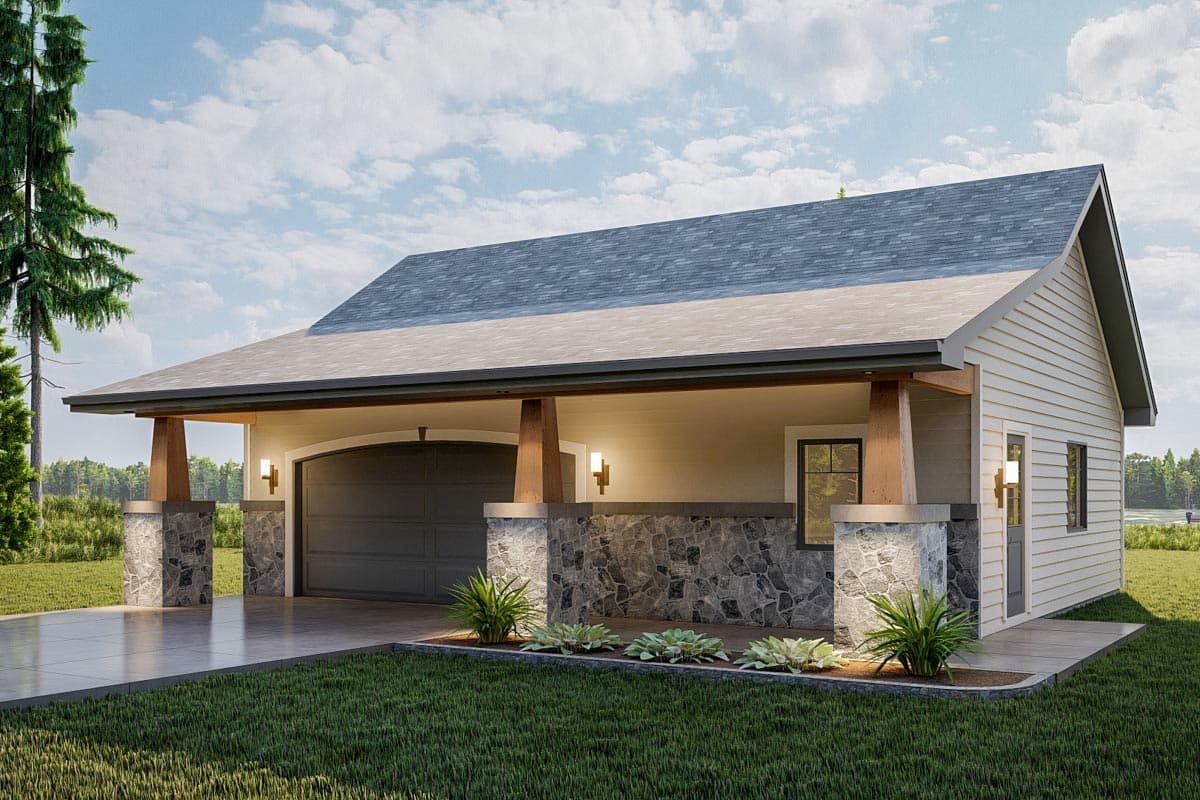 House plan exterior with stone pillars, gable roof, and attached garage. Featuring a covered entry and wood post accents.