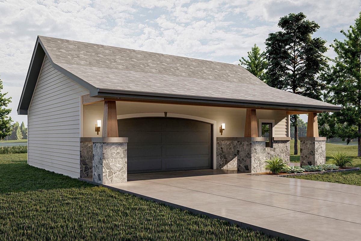 House plan exterior, one-story garage with stone-clad pillars, wood-clad supports, covered entryway, and arched garage door.