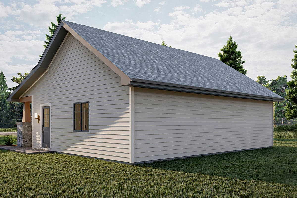 House plan exterior, one story, gable roof, siding, small porch with stone base, single window.