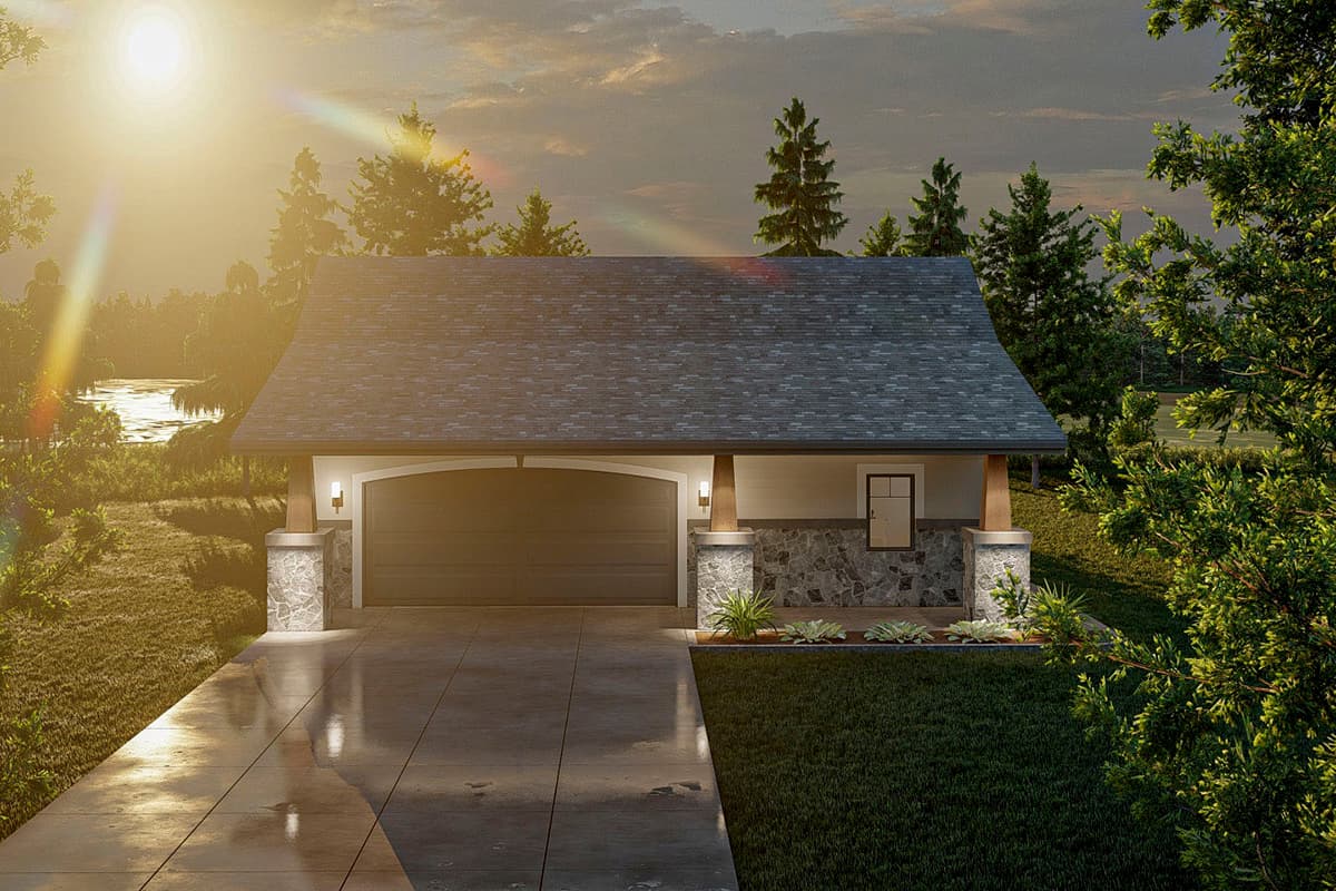 House plan exterior with a prominent garage door, stone-clad pillars, and a hipped roof.