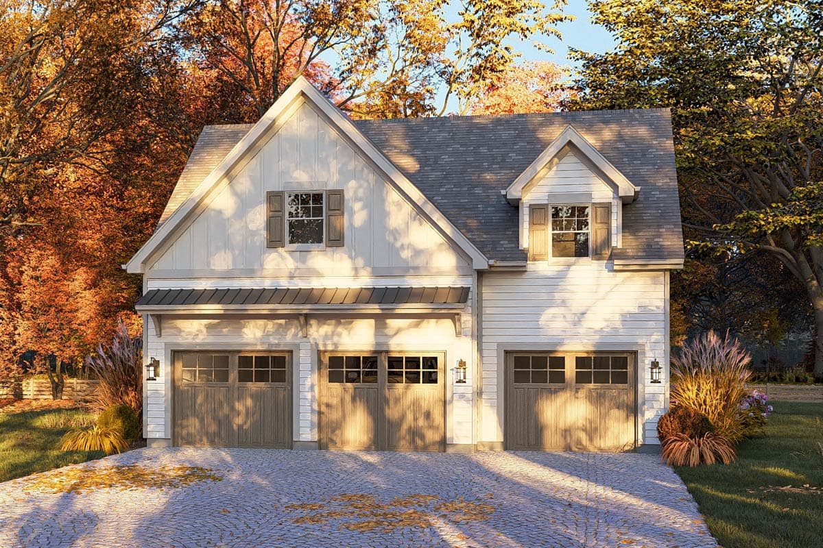 Modern Farmhouse house plan exterior with three garage bays, gabled dormer, and vertical siding.