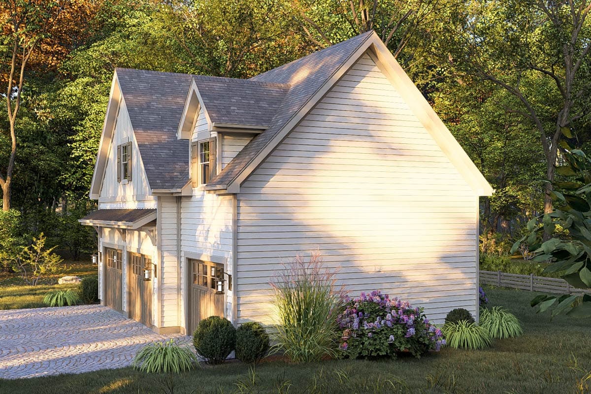 House plan exterior: Modern Farmhouse style, two stories, three-car garage, dormers, and gabled rooflines.