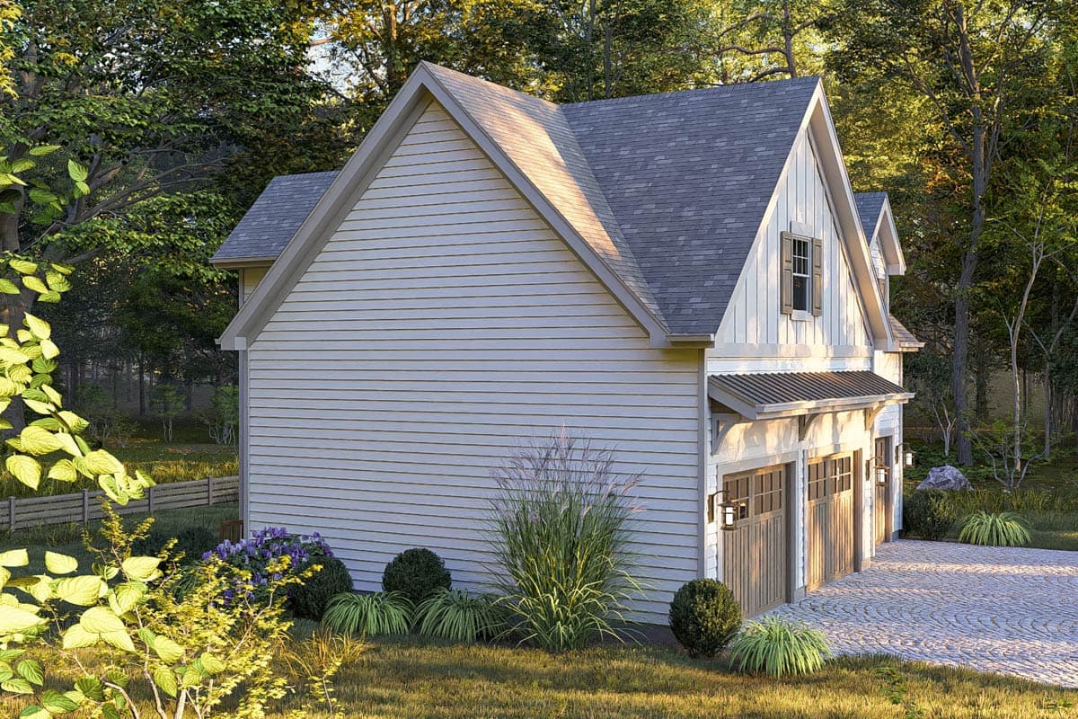 House plan exterior: Two-story Modern Farmhouse style with vinyl siding, gabled dormers, and a double garage.