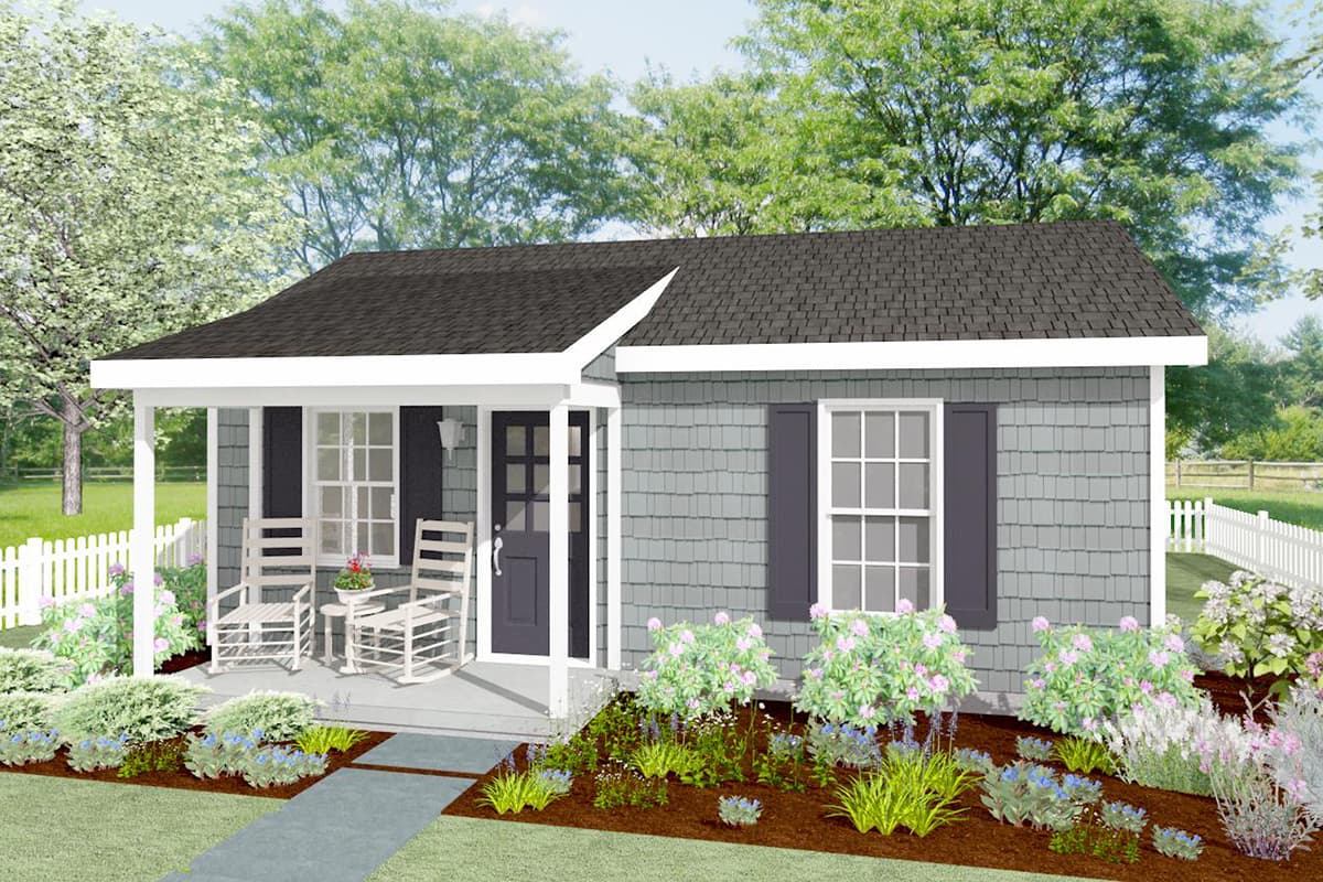 House plan exterior. One-story Cottage style with front porch, shingle siding, and gable roof. Includes shutters on the windows.