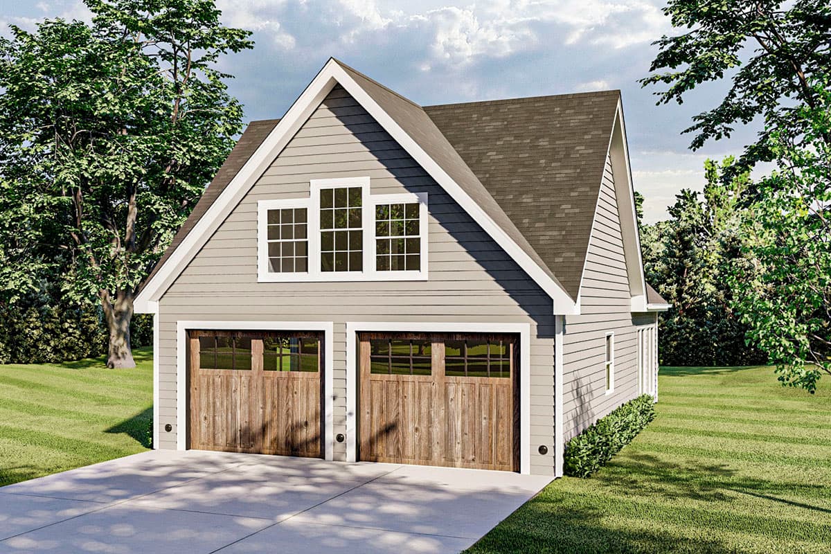 House plan exterior with two-car garage. Gable roof and dormer windows above the garage doors with wood paneling details. Shingled roof.