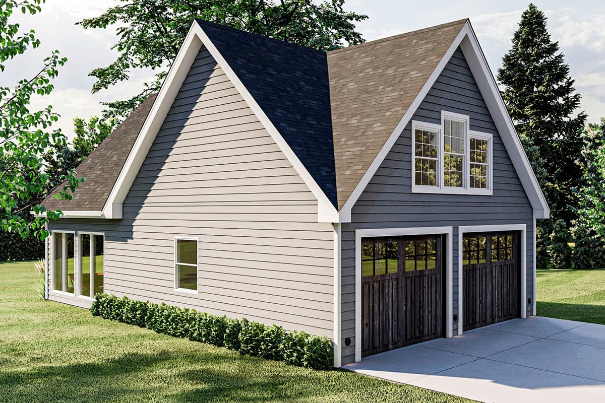 House plan exterior: Two-story Modern Farmhouse style with a steeply pitched gable roof, double garage doors, and multiple dormer windows.