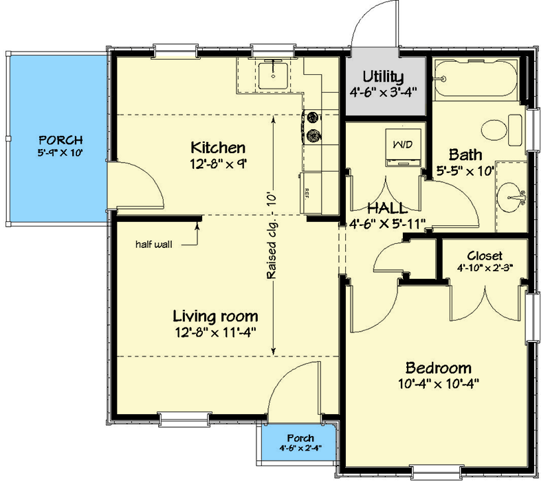 Plan 560011TCD: Tiny One Bed Cottage with Side Porch - Floor Plan - Main Level - Cottage, Country, Traditional