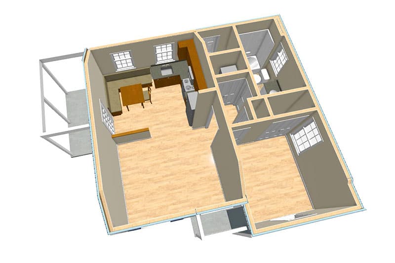Plan 560011TCD: Tiny One Bed Cottage with Side Porch - Floor Plan - First Floor - Birdseye View - Cottage, Country, Traditional