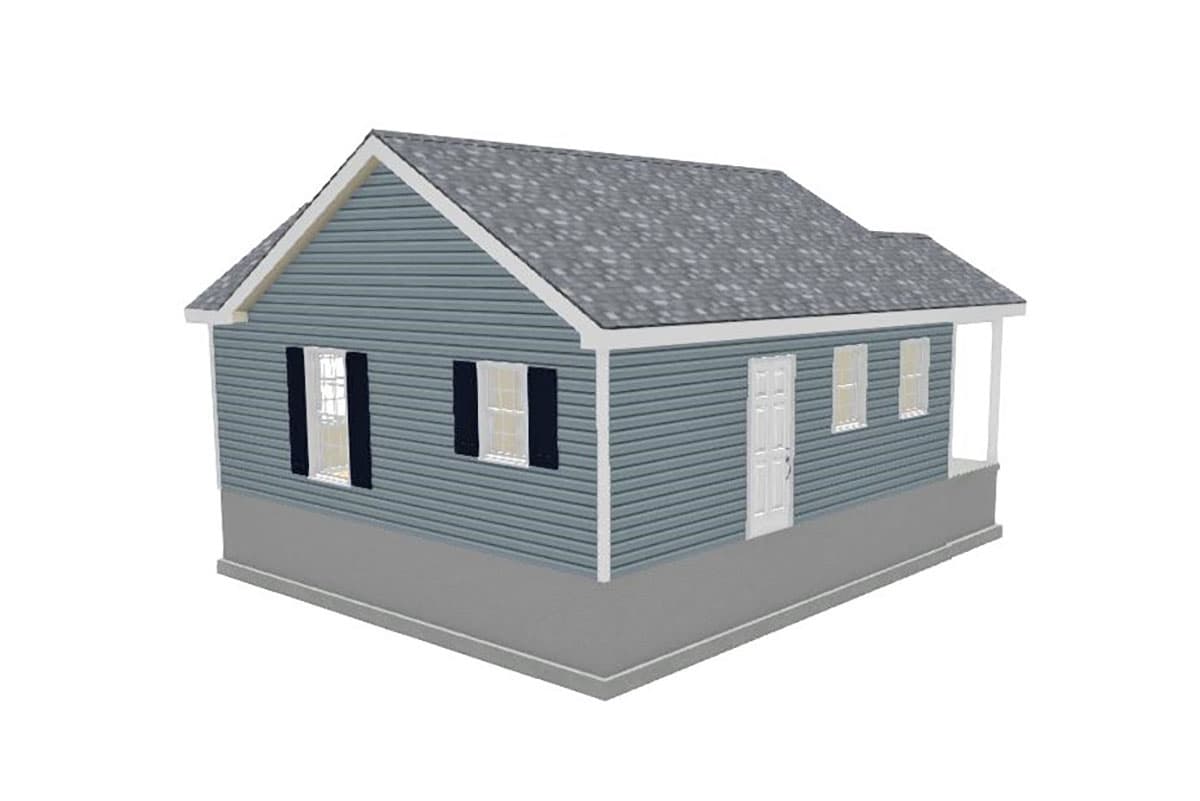 House plan exterior: one-story ranch with a gabled roof, vinyl siding, front door, and a covered porch.