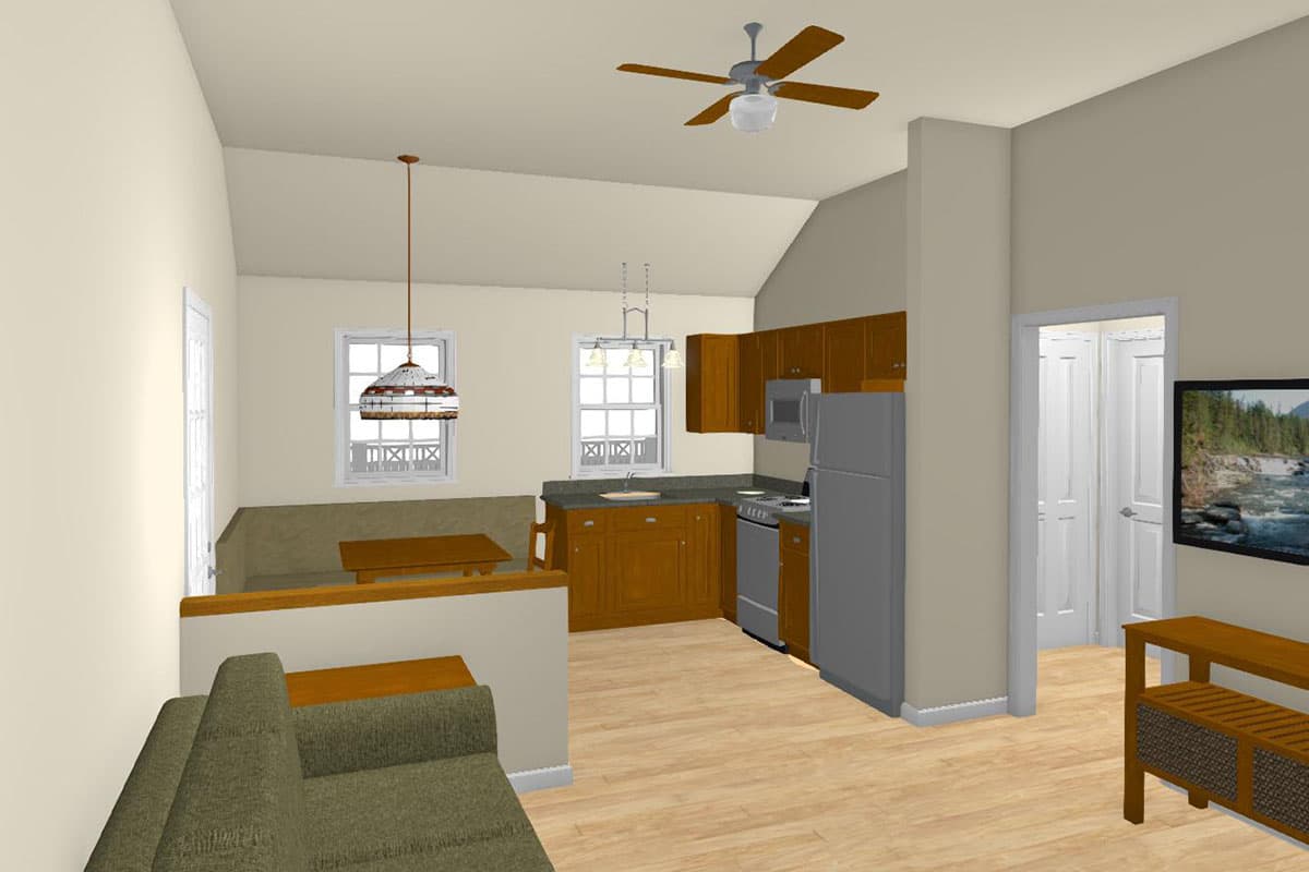 Interior rendering of a kitchen and living area with vaulted ceiling, L-shaped counter, and built-in dining nook.