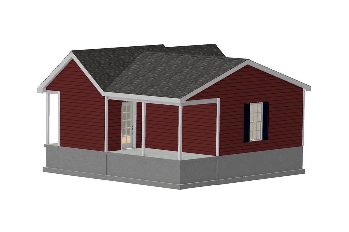 House plan exterior: one-story dwelling with a covered front porch, gabled roof, and vinyl siding.