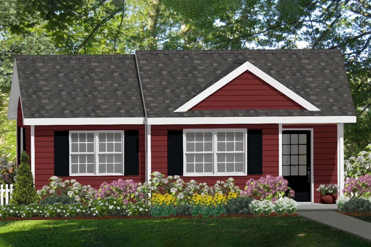 House plan exterior. One-story Cottage style home with gable roof, white trim, and a front entry door with sidelights.