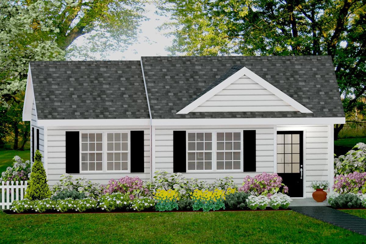 House plan exterior: One-story Modern Farmhouse with gable, double-hung windows with shutters, and front door.