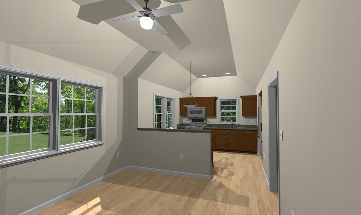 Interior rendering of an open-concept living area and kitchen with vaulted ceiling, large windows, and dark wood cabinetry.