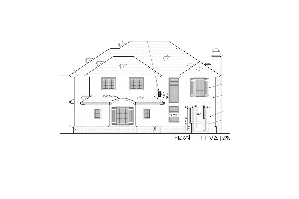 Front elevation house plan drawing showing a two-story house with a prominent gabled roof, arched entry, and multiple windows.