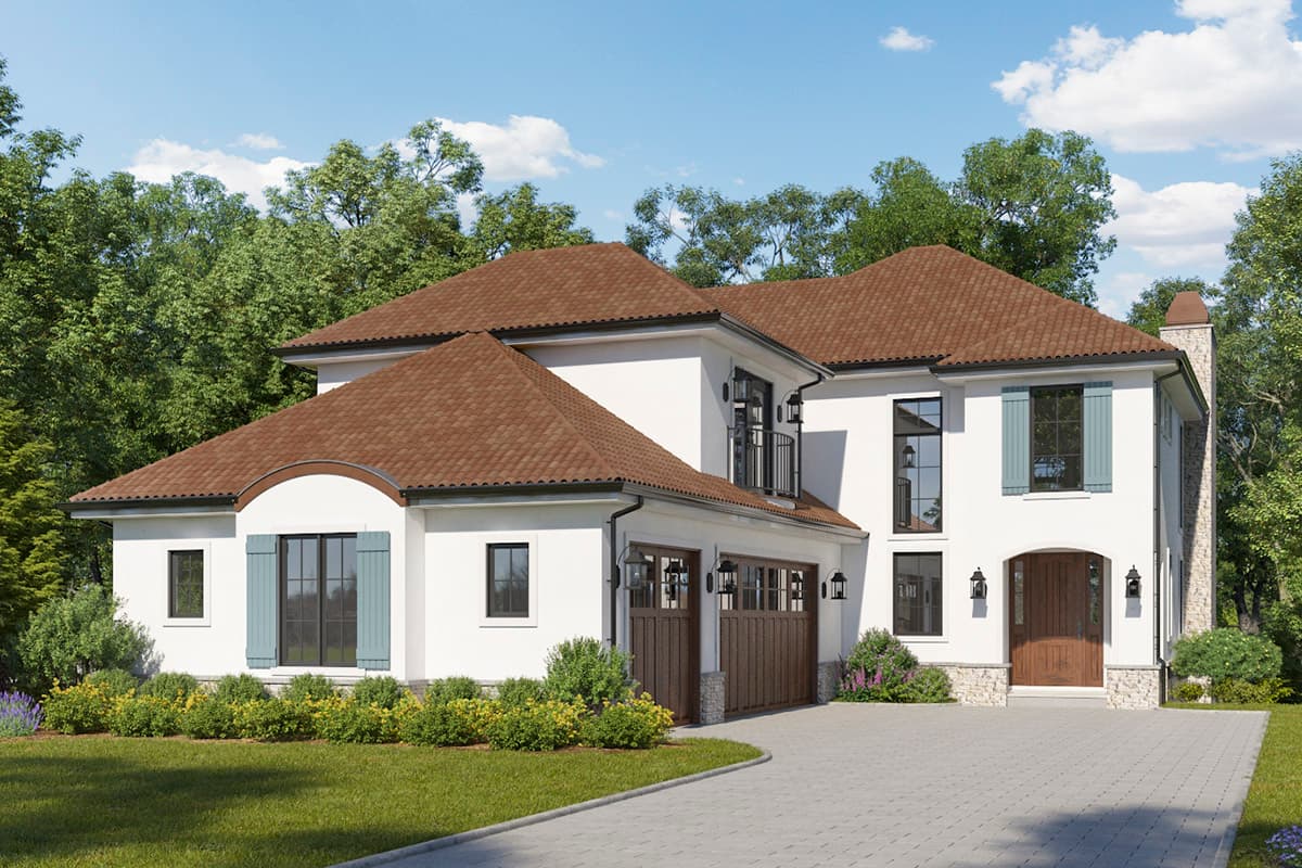 House plan exterior. Two-story stucco home with a hipped roof. Features include shutters, arched entry, and attached garage with wood doors.