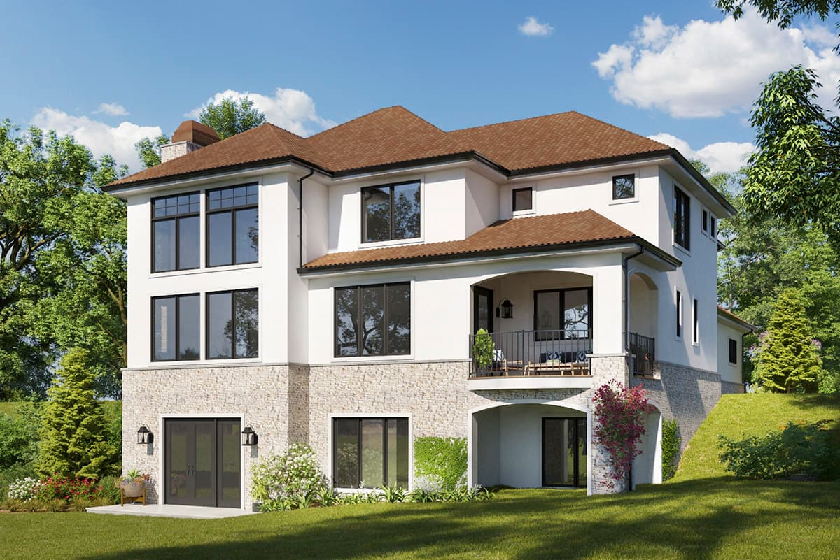 House plan exterior, modern style, three stories, stone base, covered balcony with arched supports, and prominent gables.