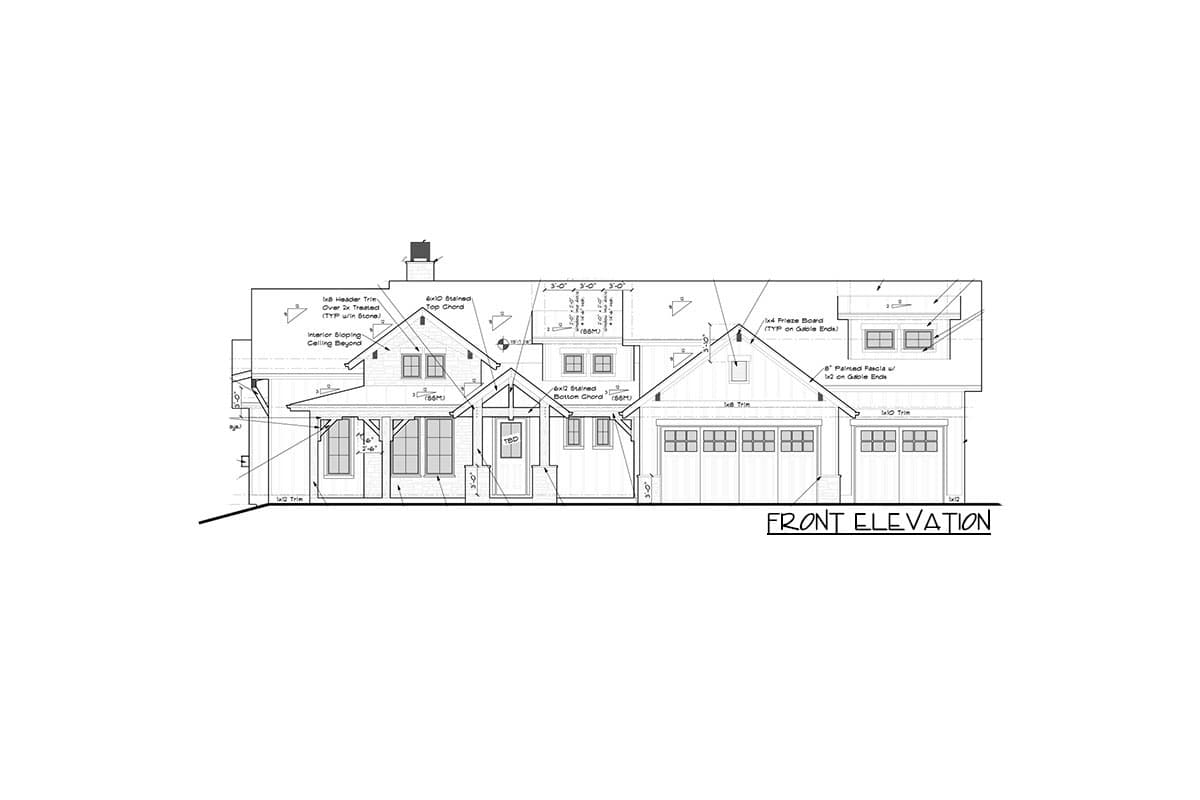 Front elevation house plan with gables, dormers, covered porch, and a three-car garage.