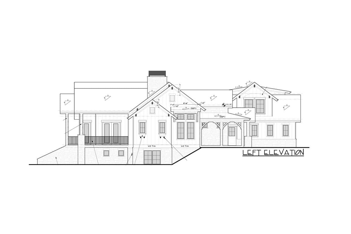 Left elevation house plan with gables, a prominent chimney, and a covered porch with wood accents.