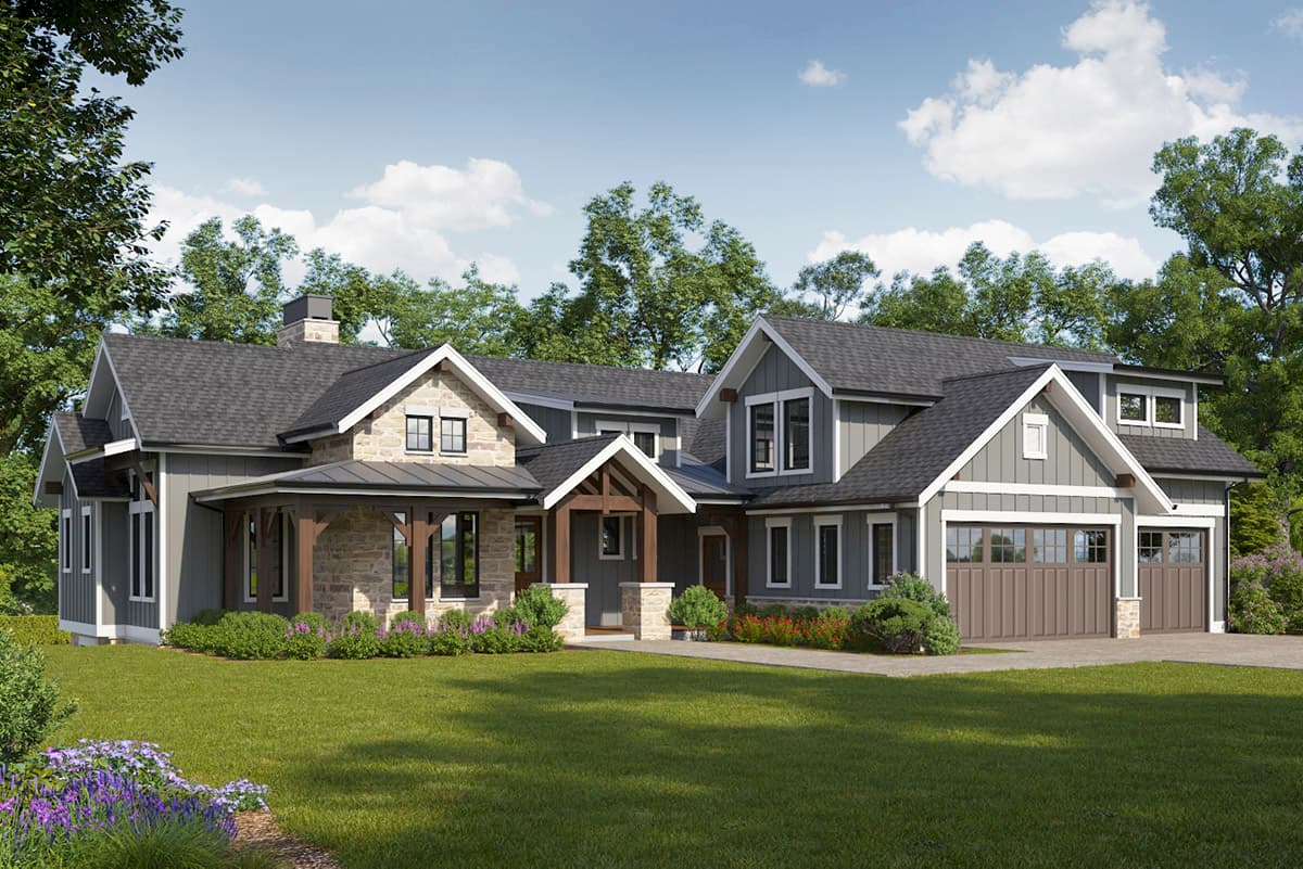House plan exterior featuring a two-story Modern Farmhouse design with a covered porch, multiple gables, and a two-car garage.