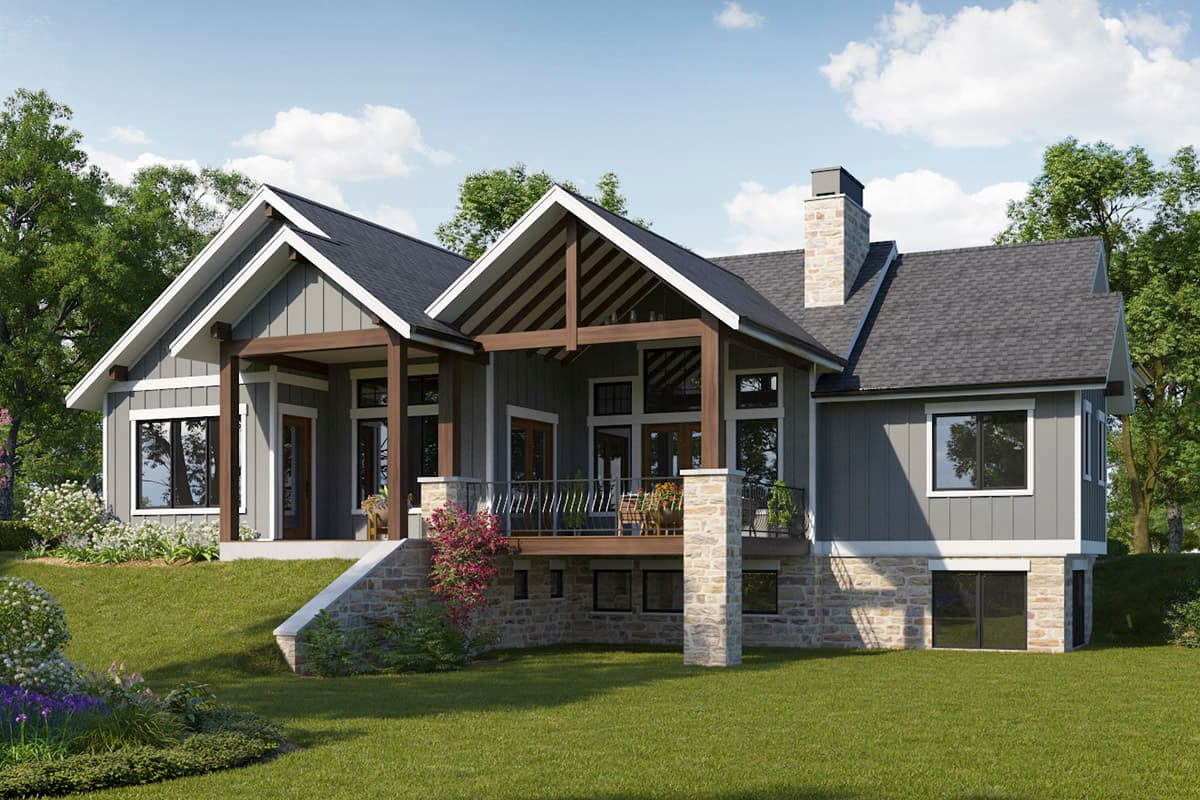 House plan exterior: Two-story home with gabled rooflines, exposed beams, stone foundation, and covered deck.