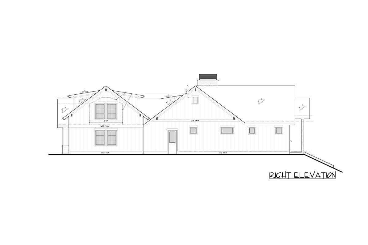 Right elevation house plan drawing shows multiple gables, dormers, and various window sizes.