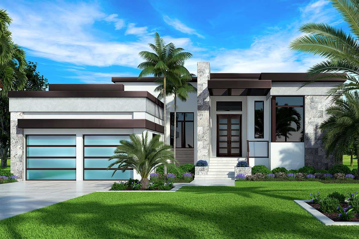 House plan exterior with modern design. Features include a flat roof, glass garage doors, and a covered entry with a stone column.