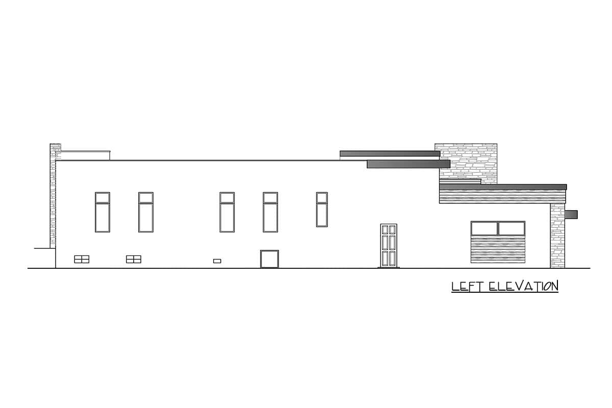 Left elevation house plan drawing showing multiple windows, doors, and layered rooflines.