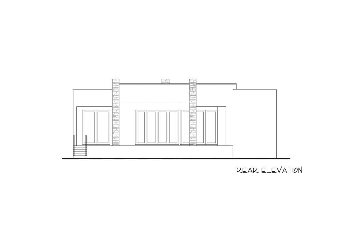 Rear elevation drawing of a house plan with a flat roof, large windows, and stone accents.
